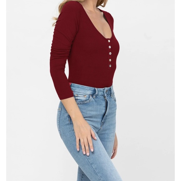 Elodie Long Sleeve Women’s Sexy Scoop Neck Button Down Ribbed Bodysuit Size S - Picture 2 of 13